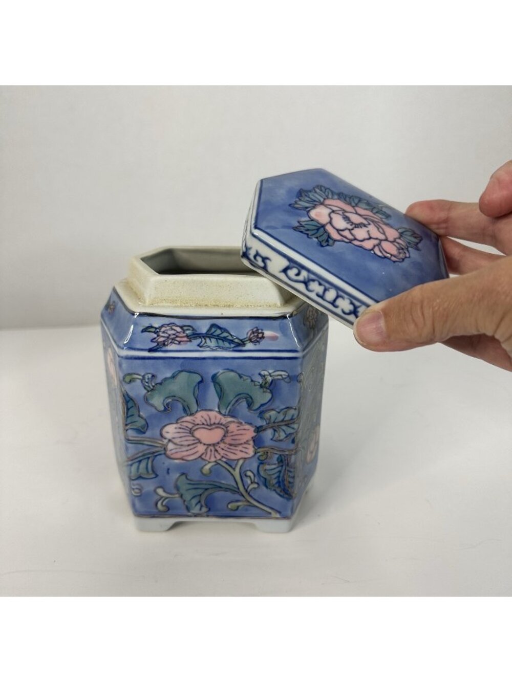 Vintage Blue Pink Floral Hexagonal Porcelain Lidded Ginger Jar Tea Caddy Vase